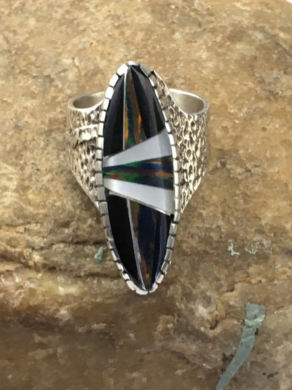 Mens Navajo Multicolor Opal Turquoise Inlay Sterling Silver Ring Size 8 01587N