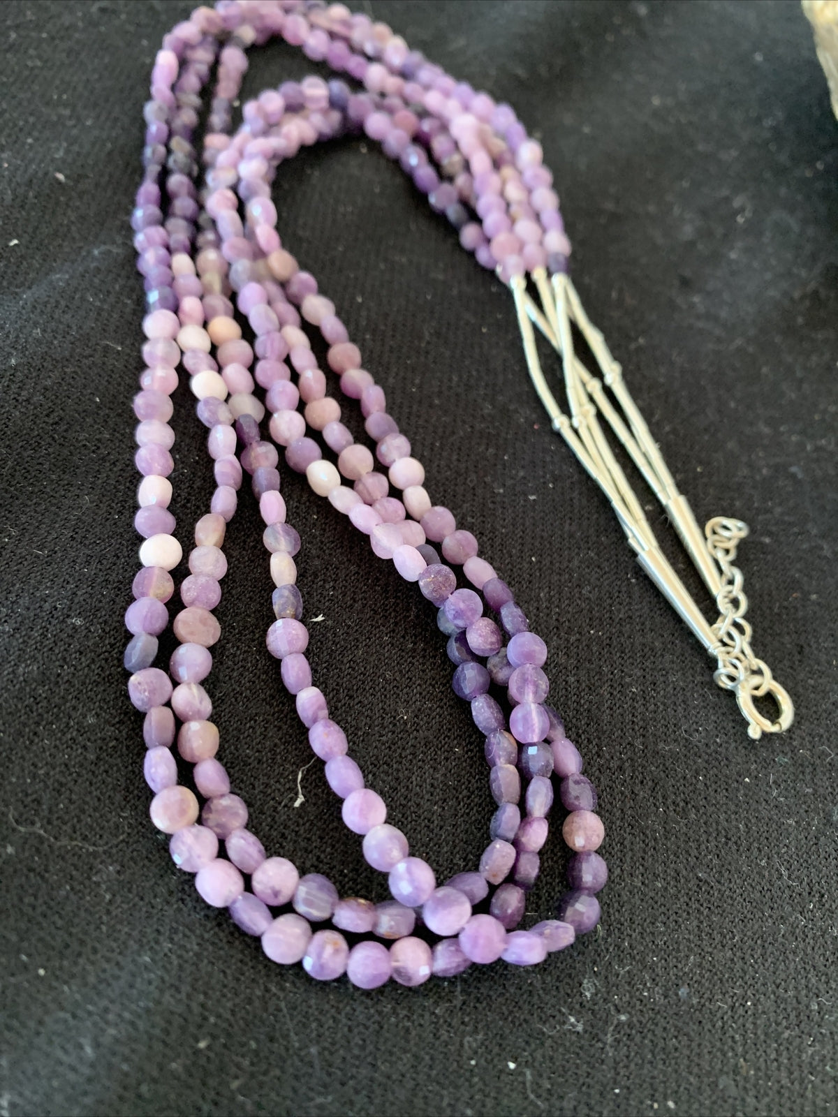 Purple Stone Beads Liquid Heishi 3 Strands Sterling Silver Tubes Necklace 850