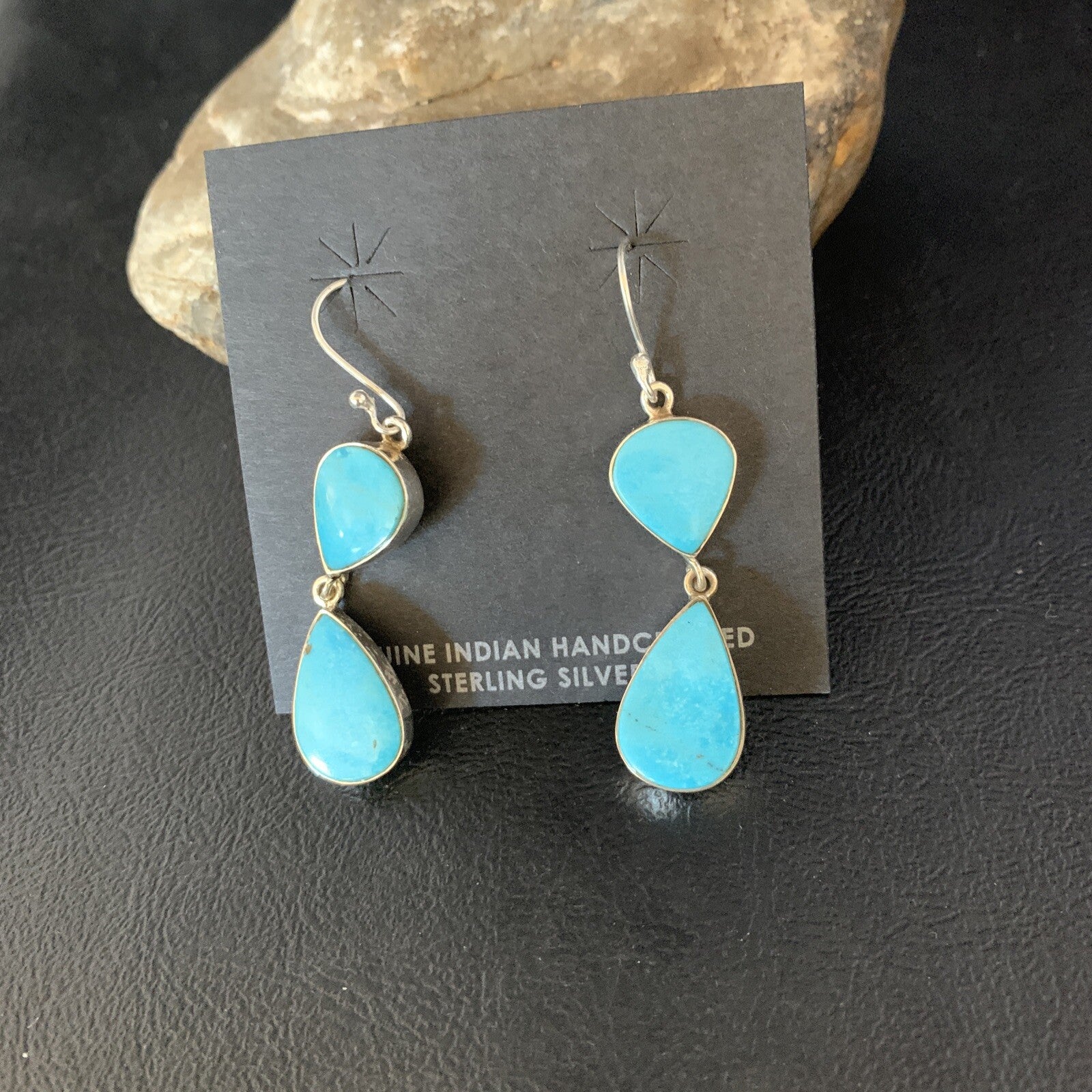 Kingman Turquoise Handmade Navajo Sterling Silver Dangle Earrings 1.75" 13897