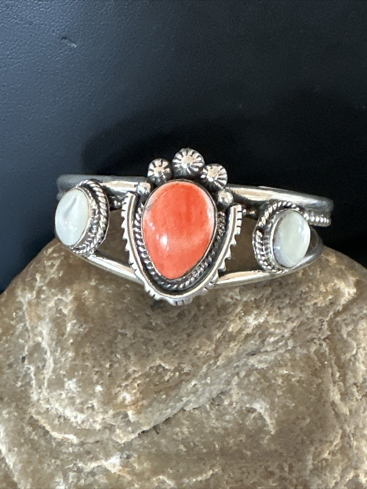 Red Spiny Oyster White MOP Navajo Sterling Silver Cuff Bracelet 17705