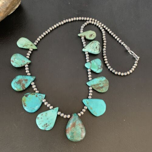 Navajo Pearls Necklace Sterling Silver Blue Turquoise Teardrop 13152