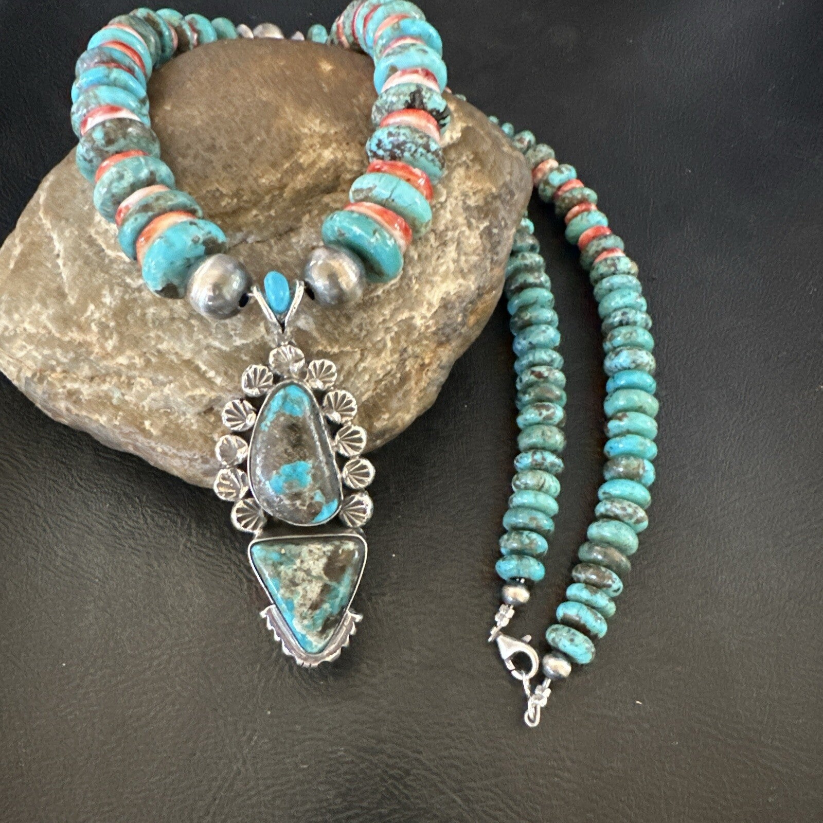 Blue Kingman Turquoise Spiny Navajo Sterling Silver Pendant Necklace 23” 17690