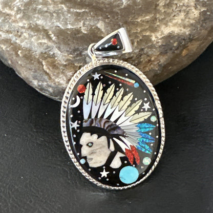 Turquoise Navajo Sterling Silver IndianHead MultiColor Inlay Pin Pendant 15156