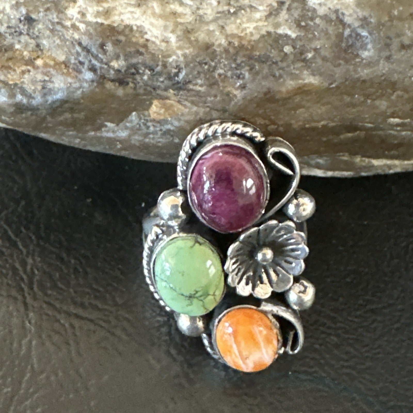 Multicolor Ring Turquoise Spiny Navajo Sterling Silver Cluster Size 7 19179