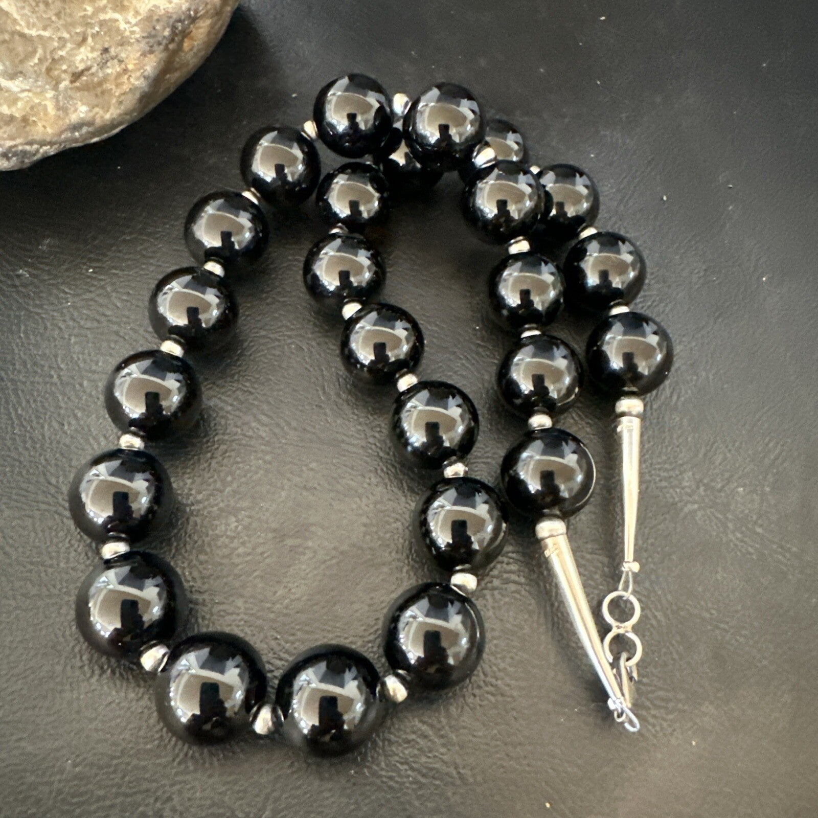 Black Onyx 16mm Large Bead Navajo Sterling Silver Necklace 20” 18787