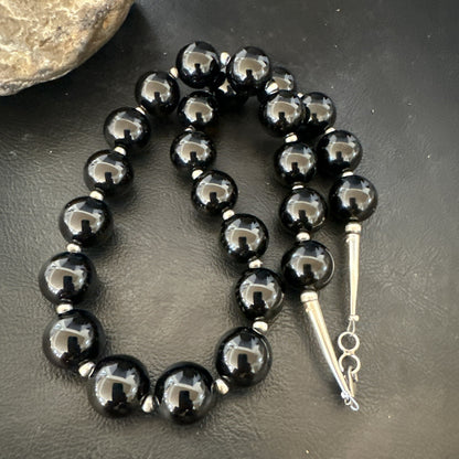 Black Onyx 16mm Large Bead Navajo Sterling Silver Necklace 20” 18787