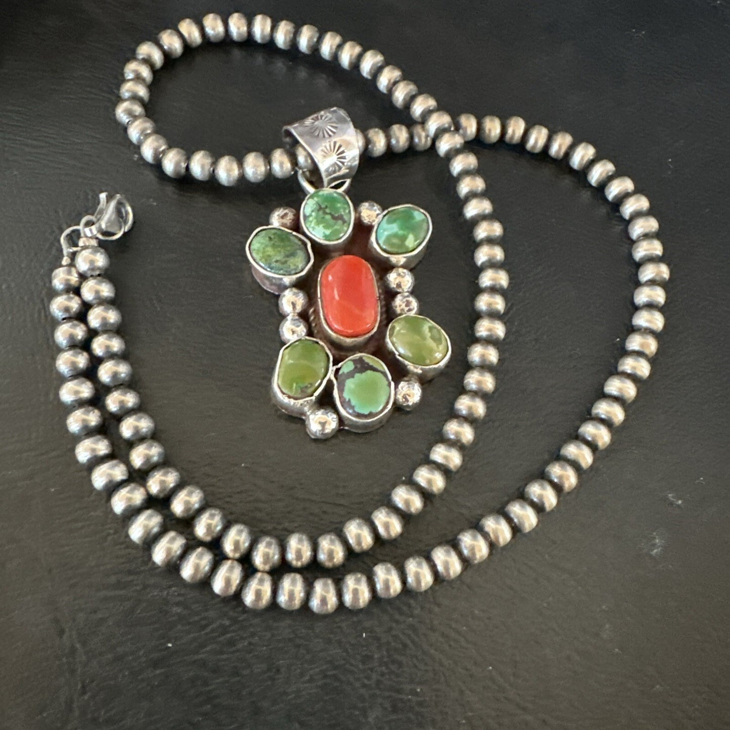 Navajo Sterling Cluster Red Turquoise Pendant Necklace 17714