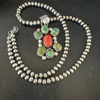 Navajo Sterling Cluster Red Turquoise Pendant Necklace 17714