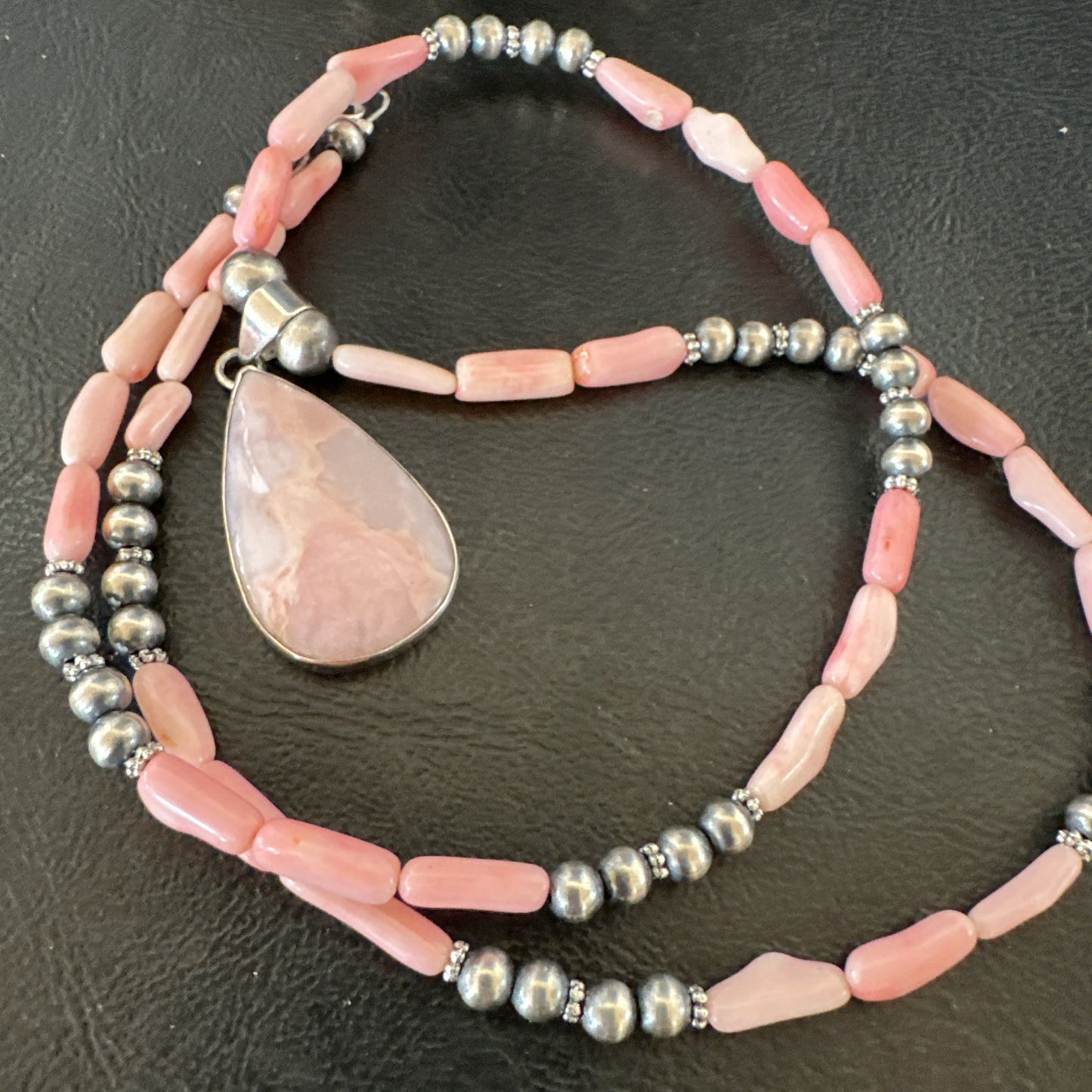 Southwestern Sterling Silver Pink Coral Bead Necklace Quartz Pendant 24" 19587
