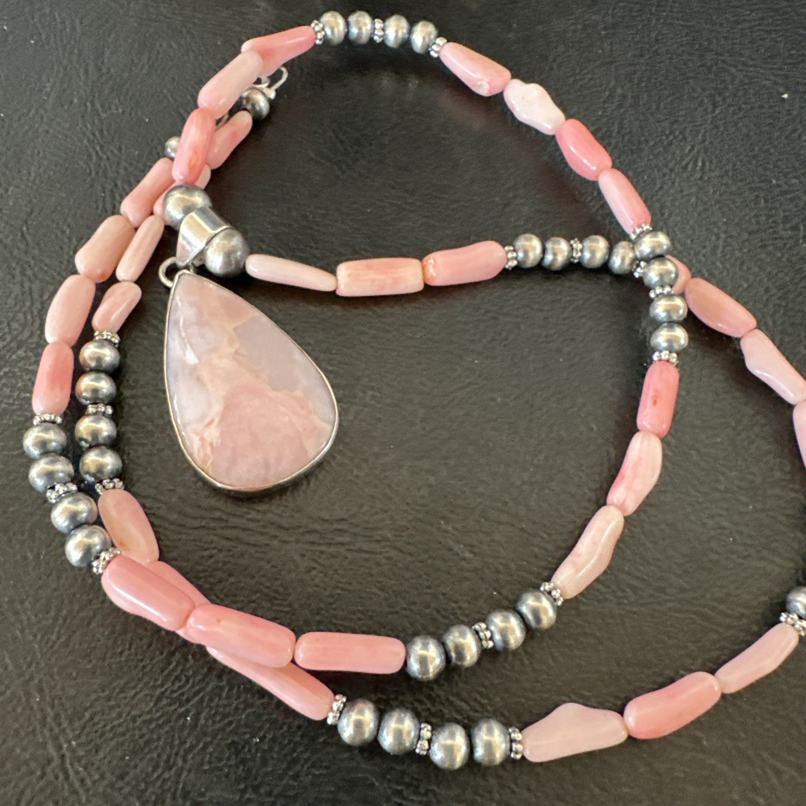 Southwestern Sterling Silver Pink Coral Bead Necklace Quartz Pendant 24" 19587