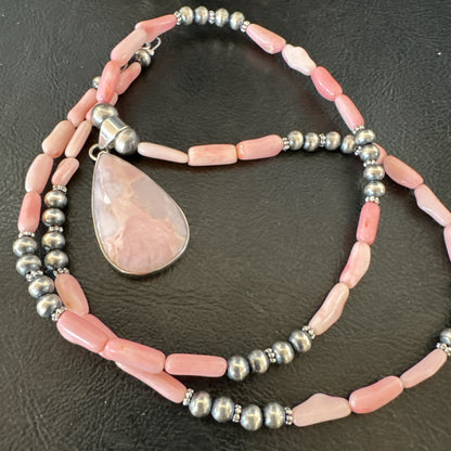 Southwestern Sterling Silver Pink Coral Bead Necklace Quartz Pendant 24" 19587