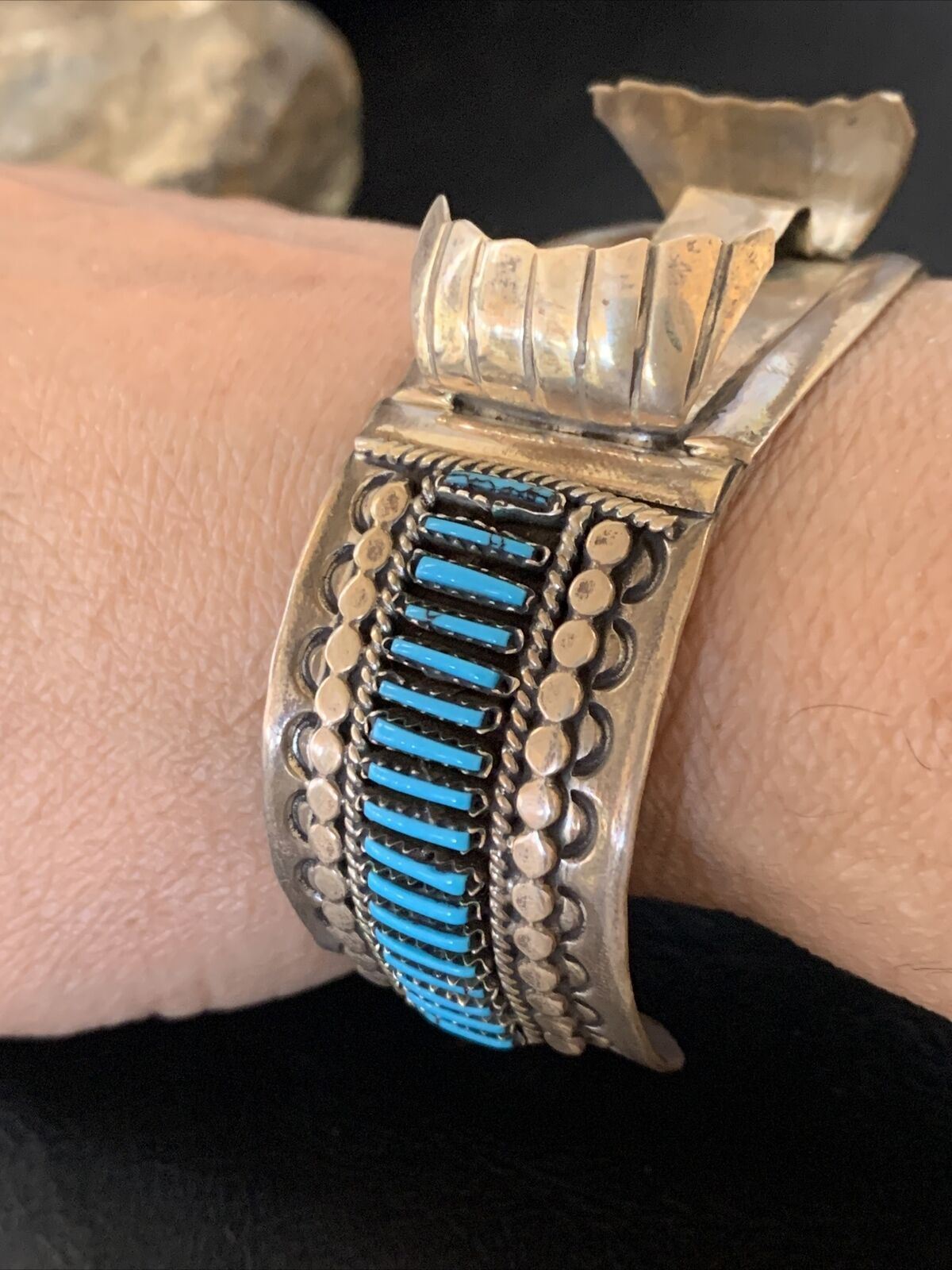 Mens Blue Turquoise Zuni Sterling Silver Inlay Cuff Watch Tips Bracelet 19033