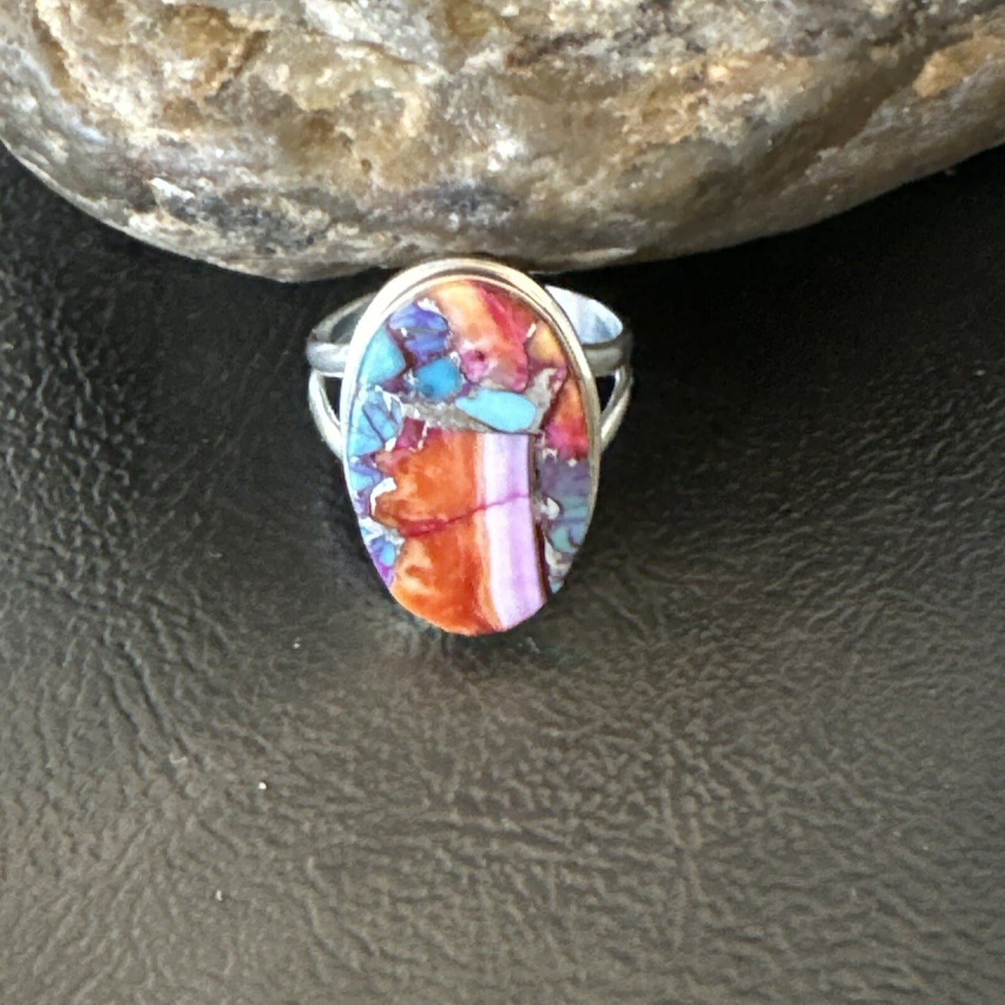Blue Turquoise Spiny Oyster Southwestern Sterling Silver Ring Size 8 18480