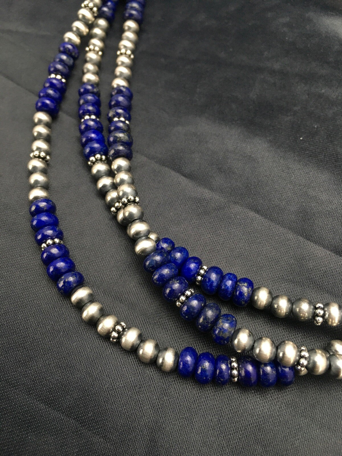 Blue Lapis Lazuli 3 Strands Navajo Sterling Silver Beads Necklace 02926