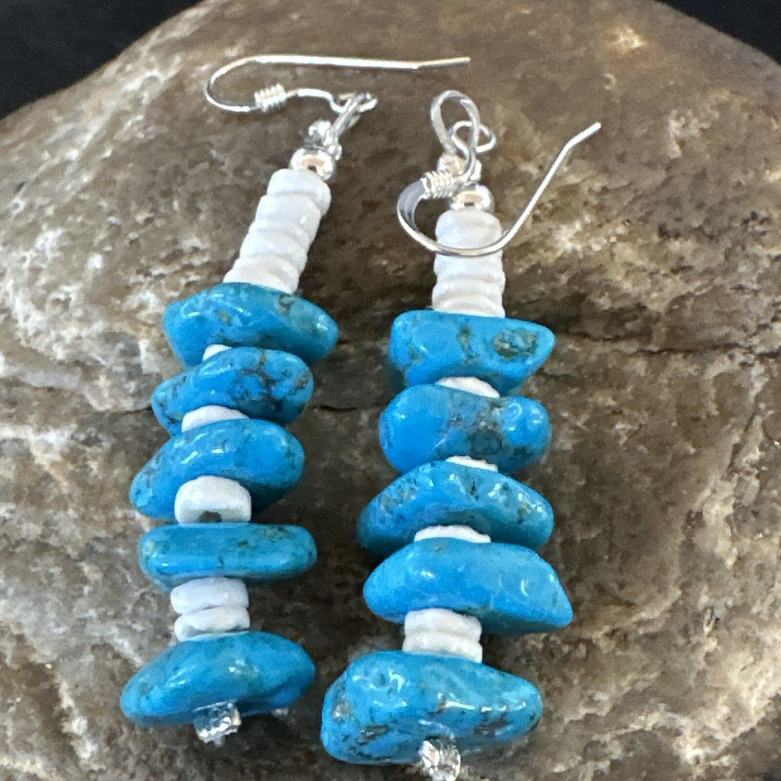 Navajo Blue Kingman Turquoise Nugget Bead Sterling Silver Earrings 17844