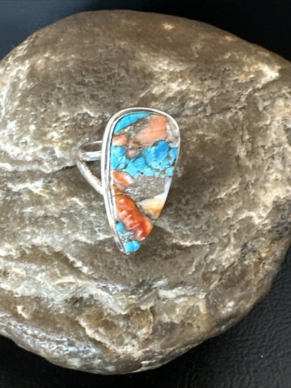 Blue Turquoise Orange Spiny Oyster Navajo Sterling Silver Ring Size 6 18211