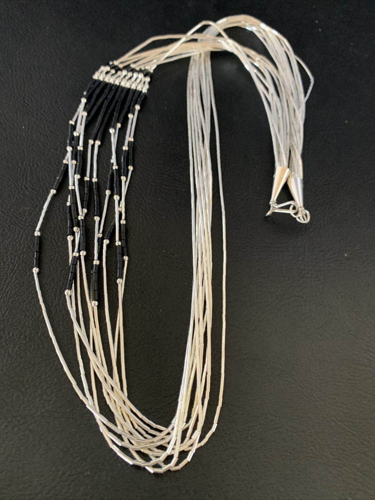 Black Onyx Liquid Silver 10 Strands Heishi Tubes 26" Necklace 13059