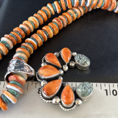 Spiderweb Turquoise & Spiny Oyster Naja Pendant Sterling Silver Necklace 14235