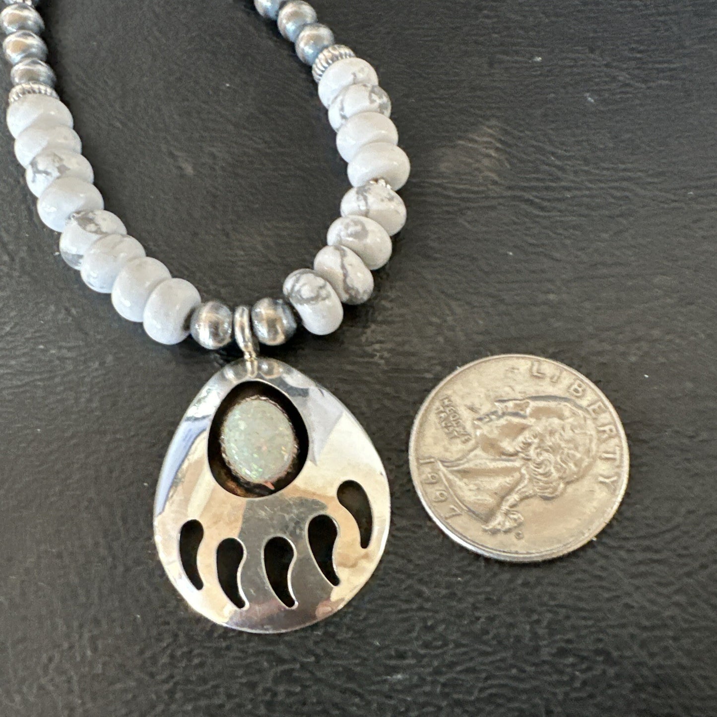 Mens White Opal BearPaw Pendant Navajo Howlite Sterling Silver Necklace 17884