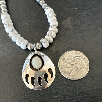 Mens White Opal BearPaw Pendant Navajo Howlite Sterling Silver Necklace 17884