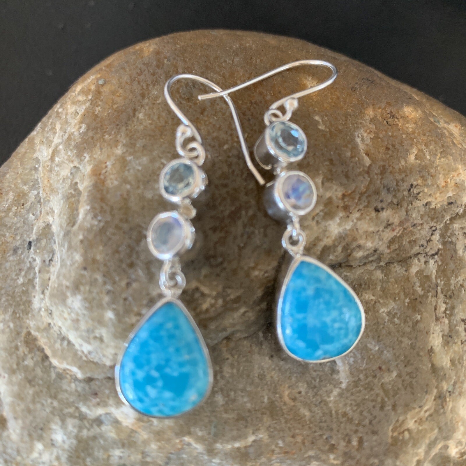 Blue Kingman Turquoise & Topaz Navajo Sterling Silver Dangle Earrings 11590