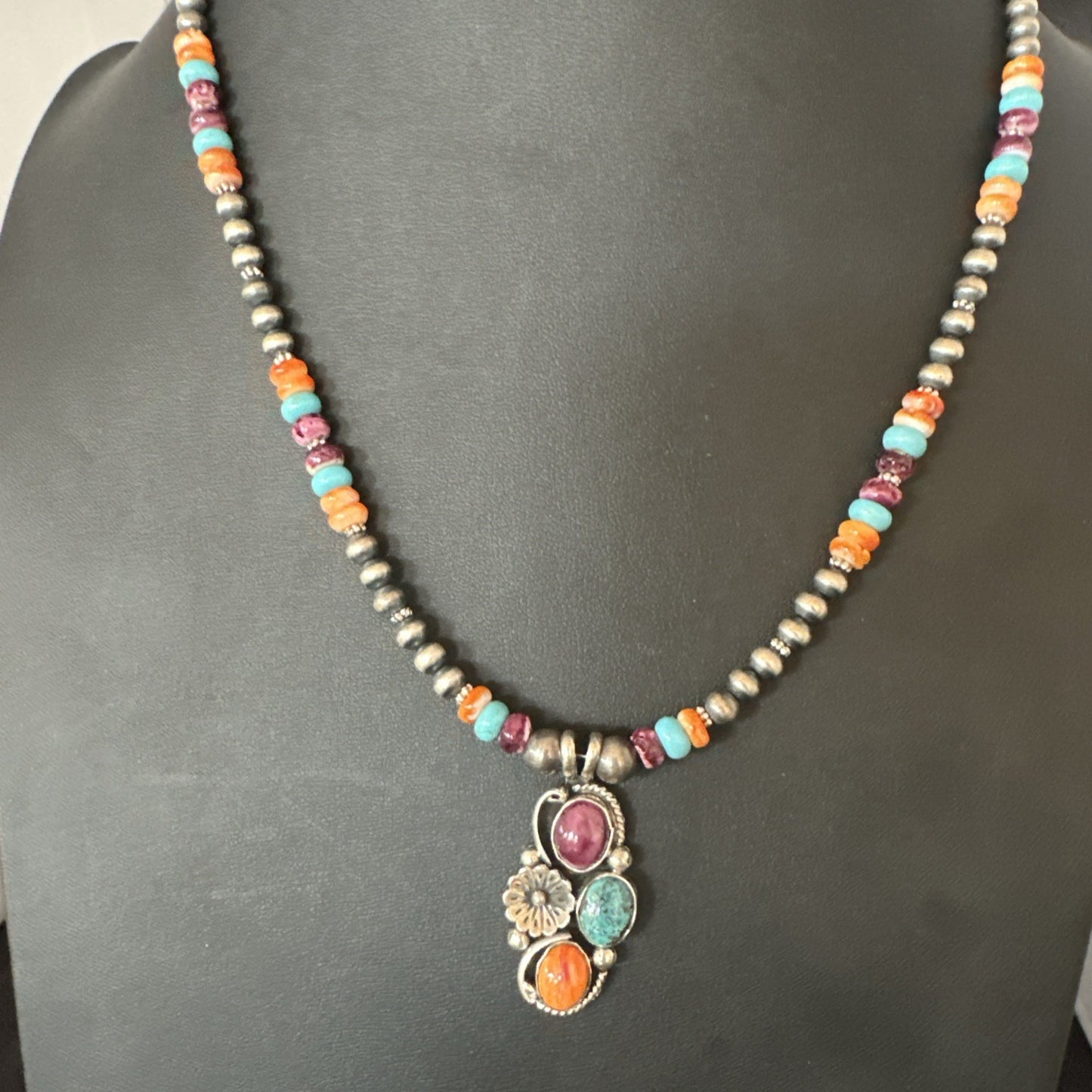 Multicolor Turquoise Spiny Navajo Sterling Silver Cluster Pendant Necklace 19642