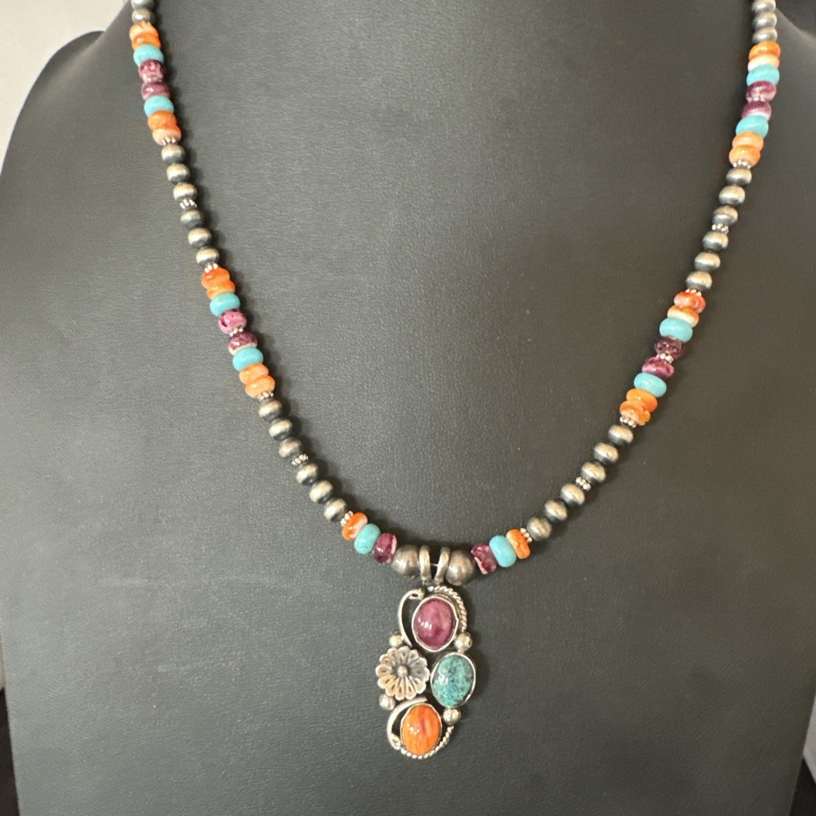 Multicolor Turquoise Spiny Navajo Sterling Silver Cluster Pendant Necklace 19642