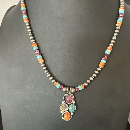 Multicolor Turquoise Spiny Navajo Sterling Silver Cluster Pendant Necklace 19642