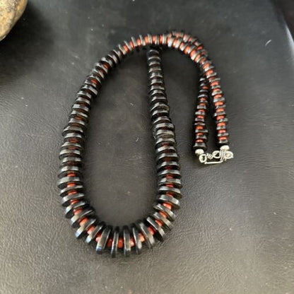 Navajo Bamboo Coral Black Onyx Necklace Sterling Silver 20" 14431