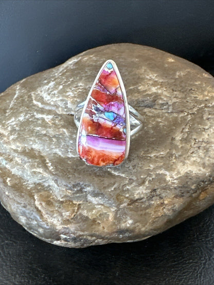 Blue Turquoise Spiny Oyster Southwestern Sterling Silver Ring Size 8.5 18545