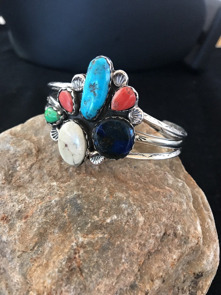 Navajo Wild Horse Turquoise Spiny Oyster Lapis Sterling Bracelet Platero