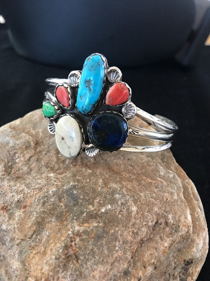 Navajo Wild Horse Turquoise Spiny Oyster Lapis Sterling Bracelet Platero