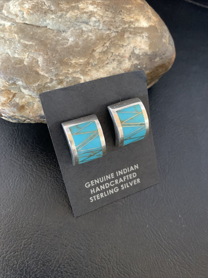 Womens Blue Turquoise Navajo Sterling Silver Stud Inlay Earrings 13107