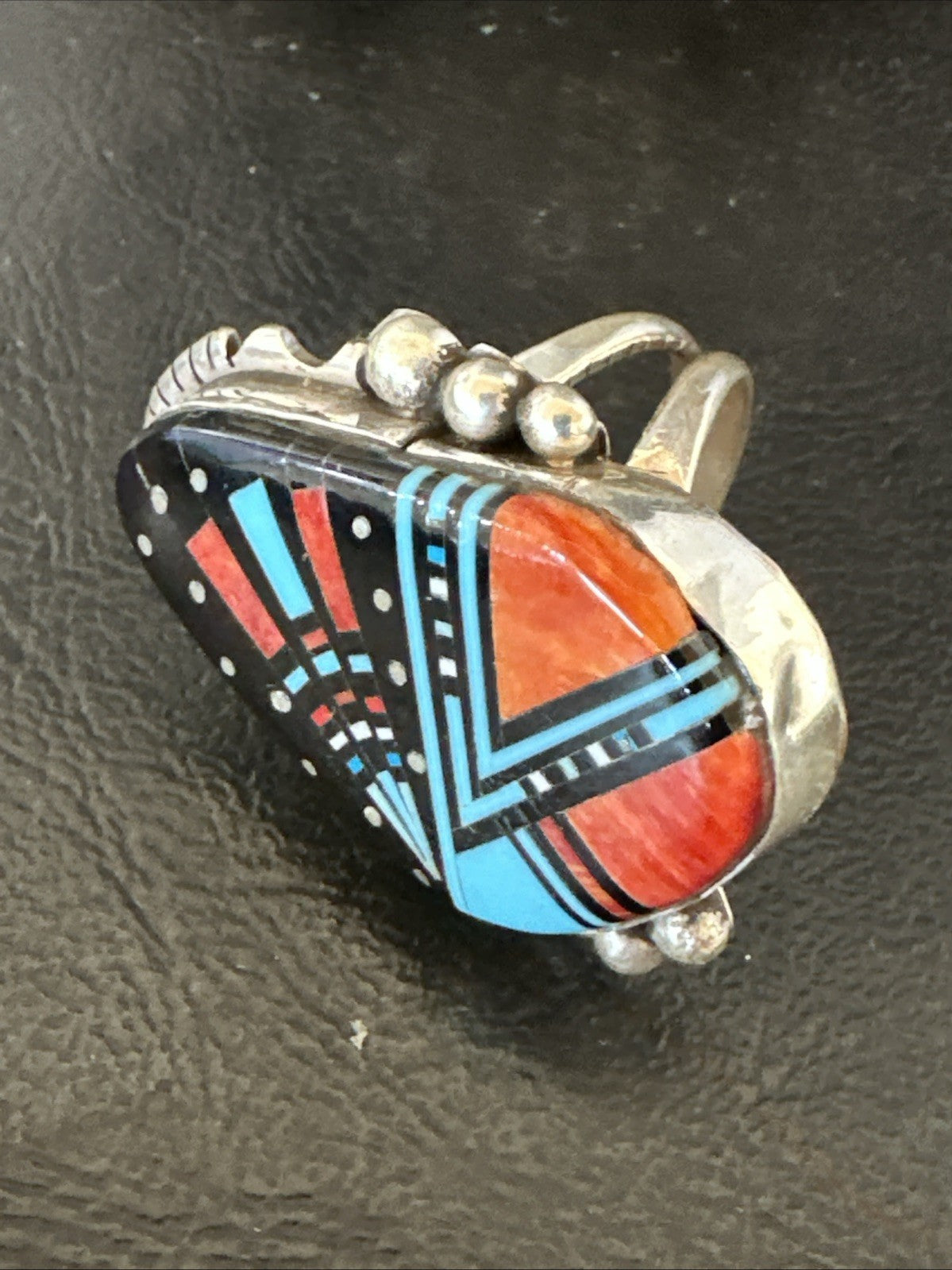 Cosmic Inlay Onyx Turquoise Spiny Navajo Sterling Silver Ring Size 9 19789