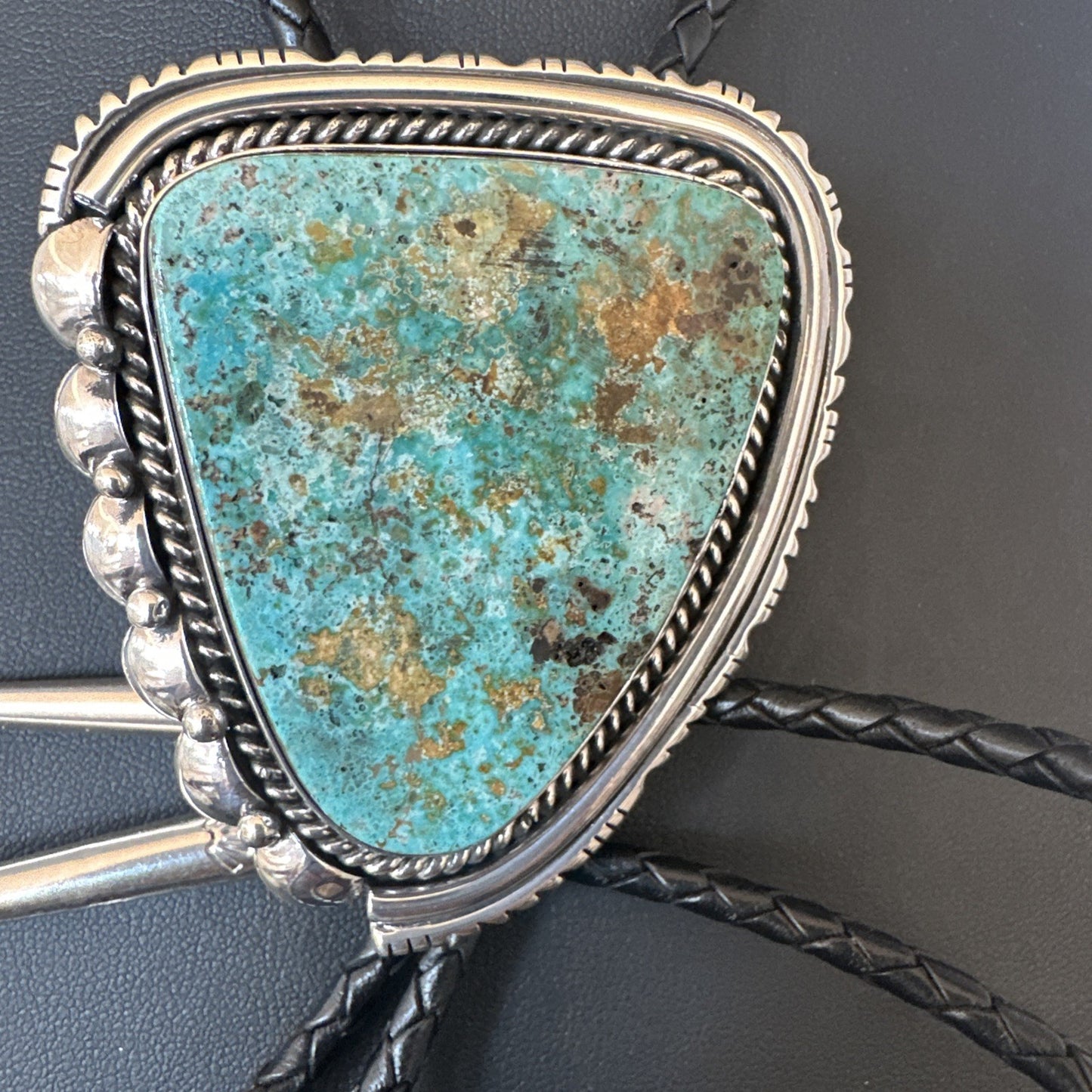 Native Mens Blue Green Royston Turquoise Bolo Tie Sterling Silver Navajo 19593