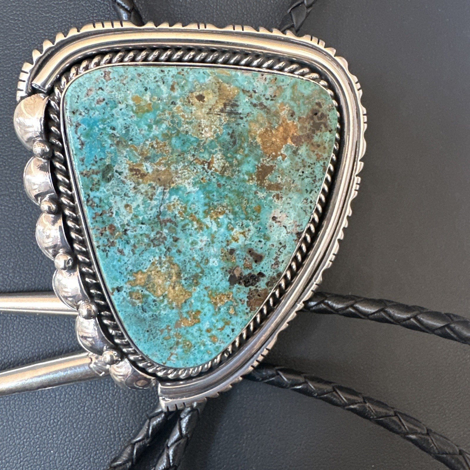 Native Mens Blue Green Royston Turquoise Bolo Tie Sterling Silver Navajo 19593