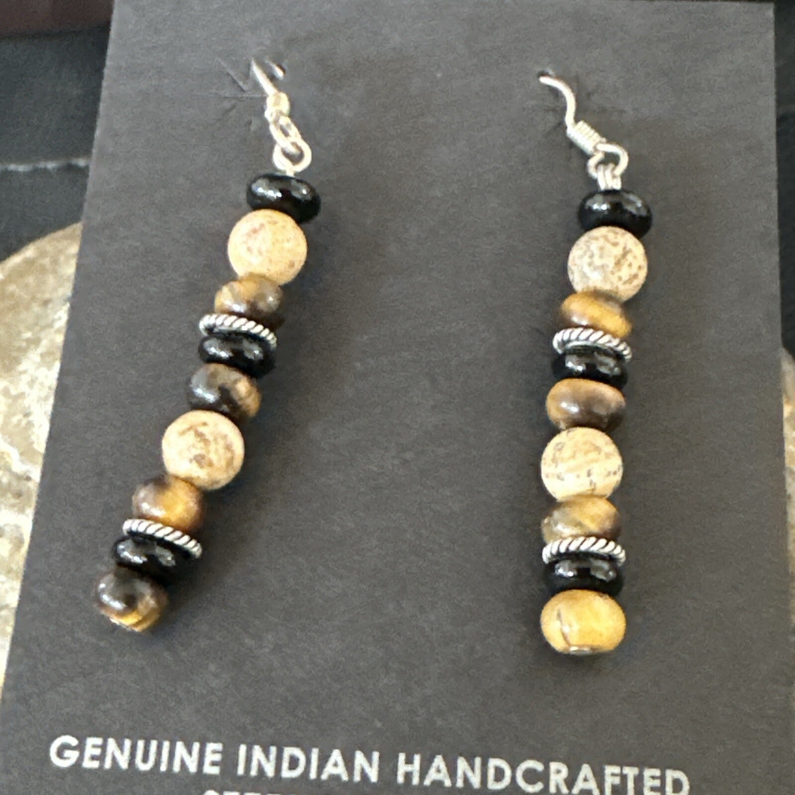 Navajo Sterling Silver Tigers Eye Picture Jasper Onyx Dangle Earrings 18721