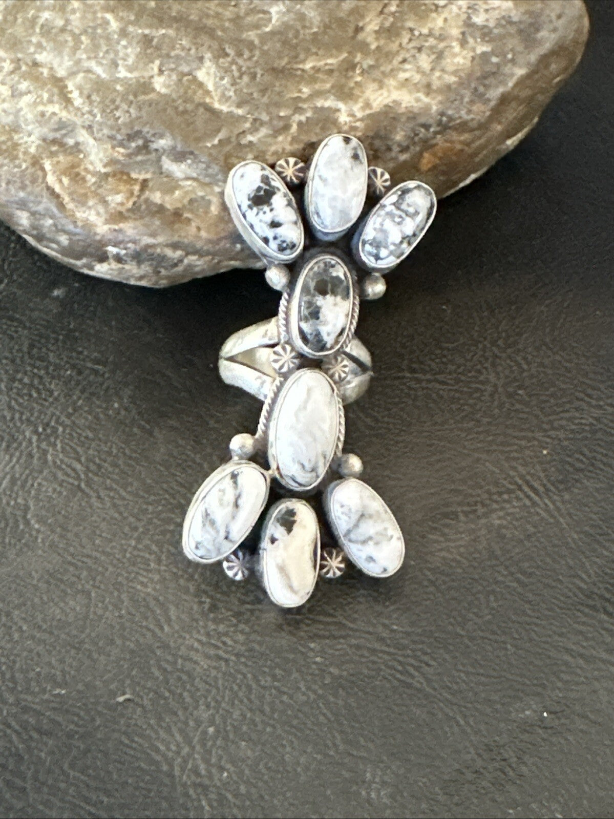 White Buffalo Turquoise Navajo Sterling Silver Cluster Ring Size 6.5 18623