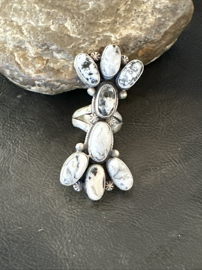 White Buffalo Turquoise Navajo Sterling Silver Cluster Ring Size 6.5 18623