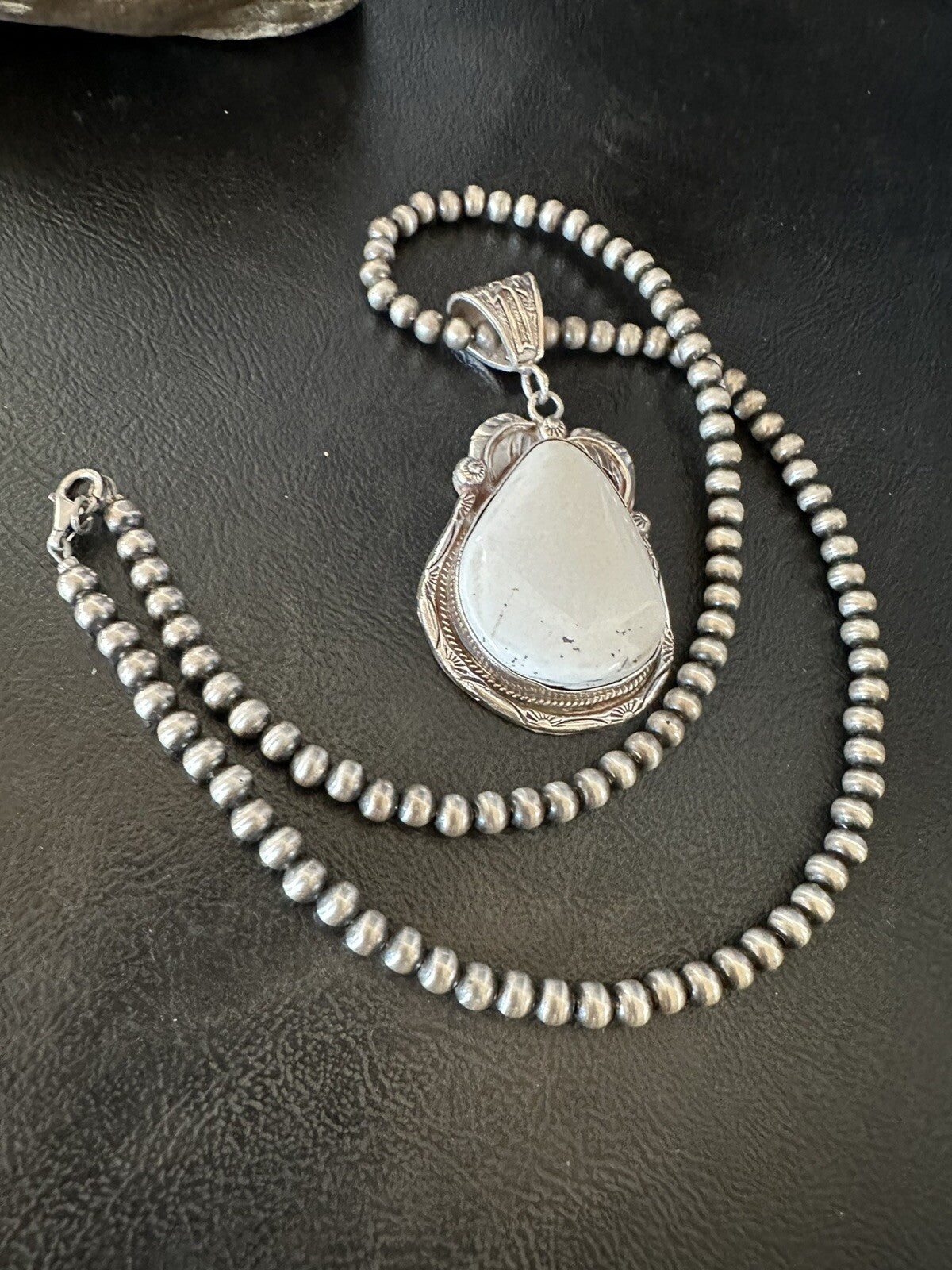 Mens White Buffalo Turquoise Pendant Sterling Silver Beads Necklace 18310
