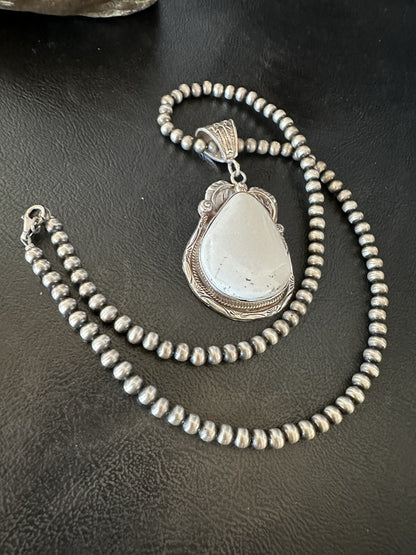 Mens White Buffalo Turquoise Pendant Sterling Silver Beads Necklace 18310