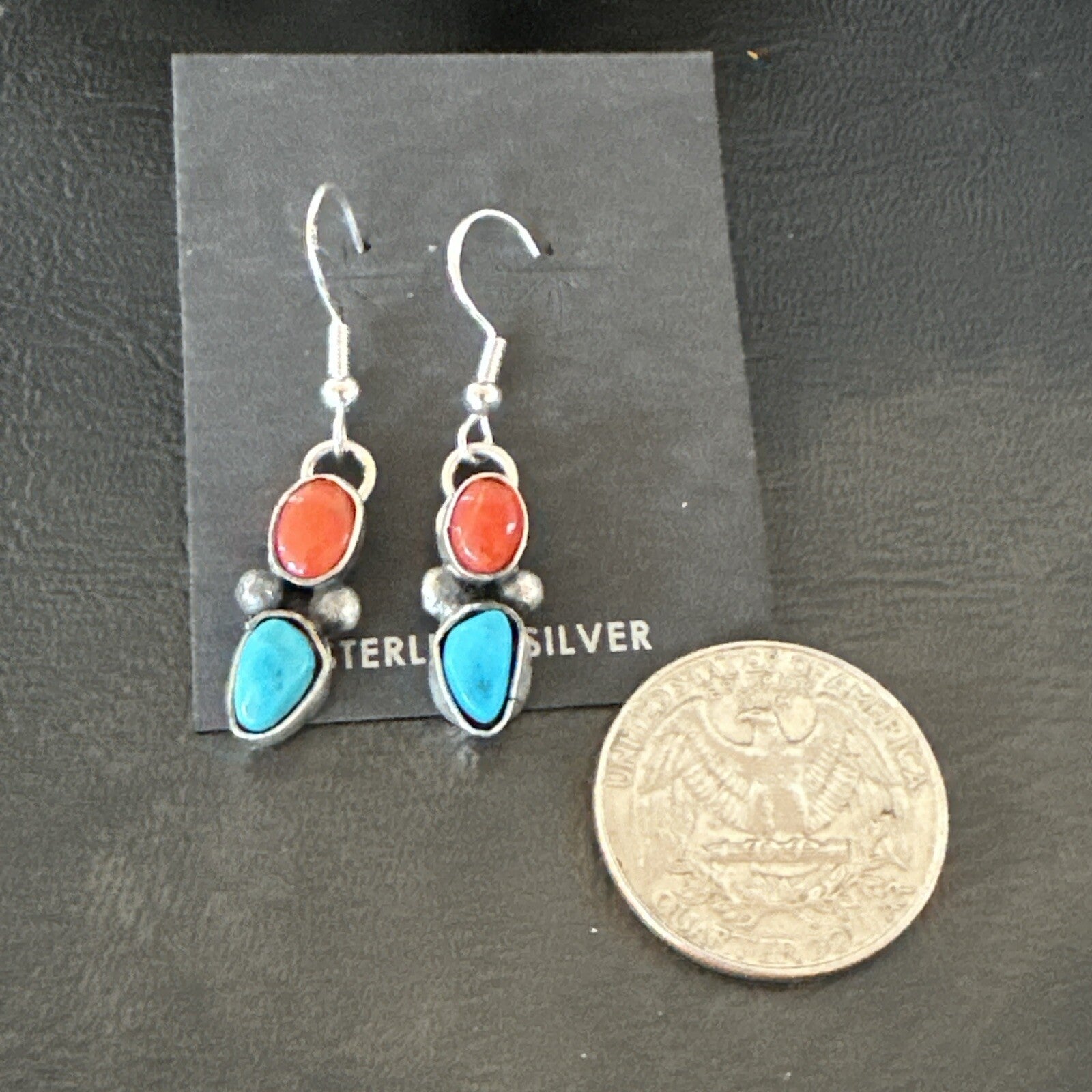 Handmade Blue Turquoise Red Coral Sterling Silver Navajo Dangle Earrings 18842