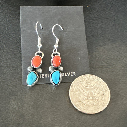 Handmade Blue Turquoise Red Coral Sterling Silver Navajo Dangle Earrings 18842