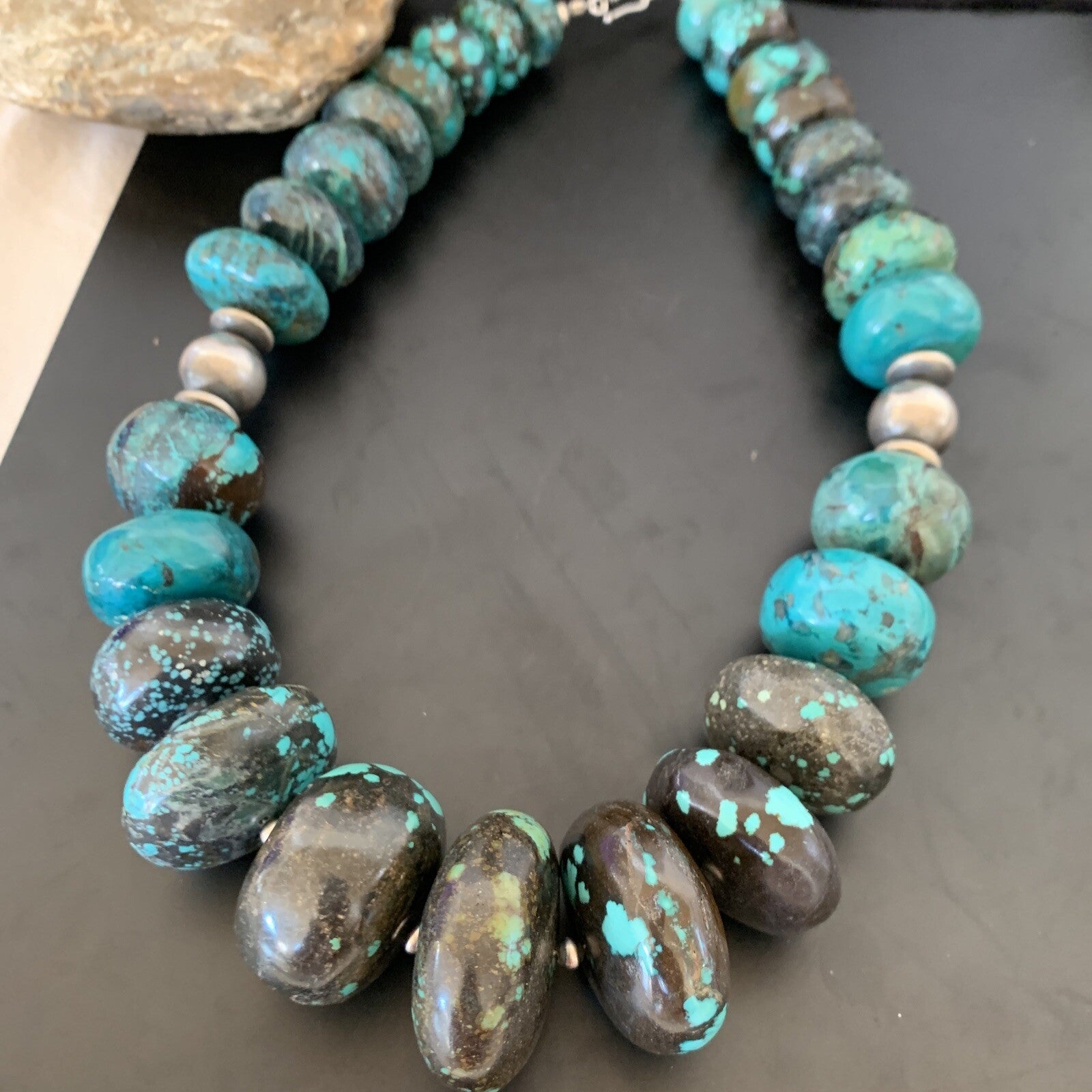 Blue Turquoise Chunky Graduated Navajo Sterling Silver Beads Necklace 11381