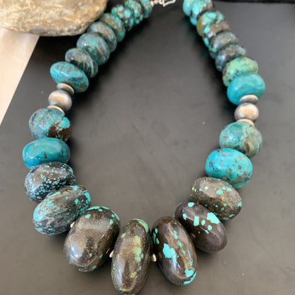 Blue Turquoise Chunky Graduated Navajo Sterling Silver Beads Necklace 11381