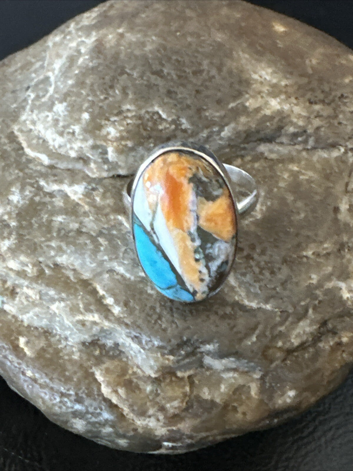 Blue Turquoise Spiny Oyster Southwestern Sterling Silver Ring Size 8 18430