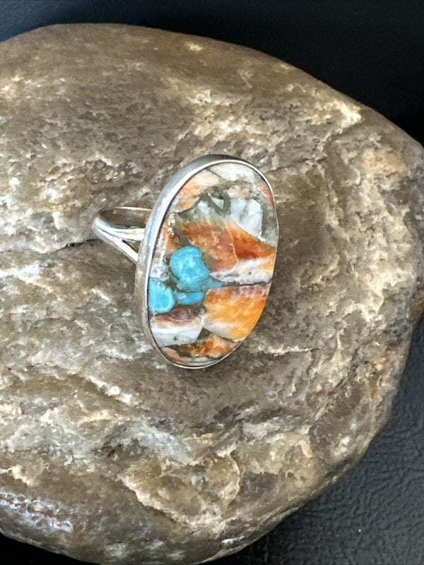 Turquoise Spiny Oyster Navajo Ring Size 8 | Sterling Silver | Authentic Native American Handmade | 18209