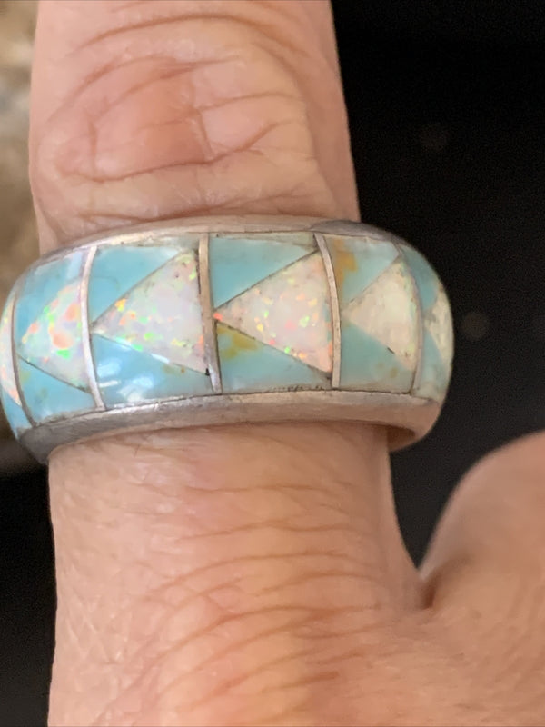 Men's Blue Turquoise Opal Navajo Inlay Ring Size 11 | Sterling Silver | Authentic Native American Handmade | 19606