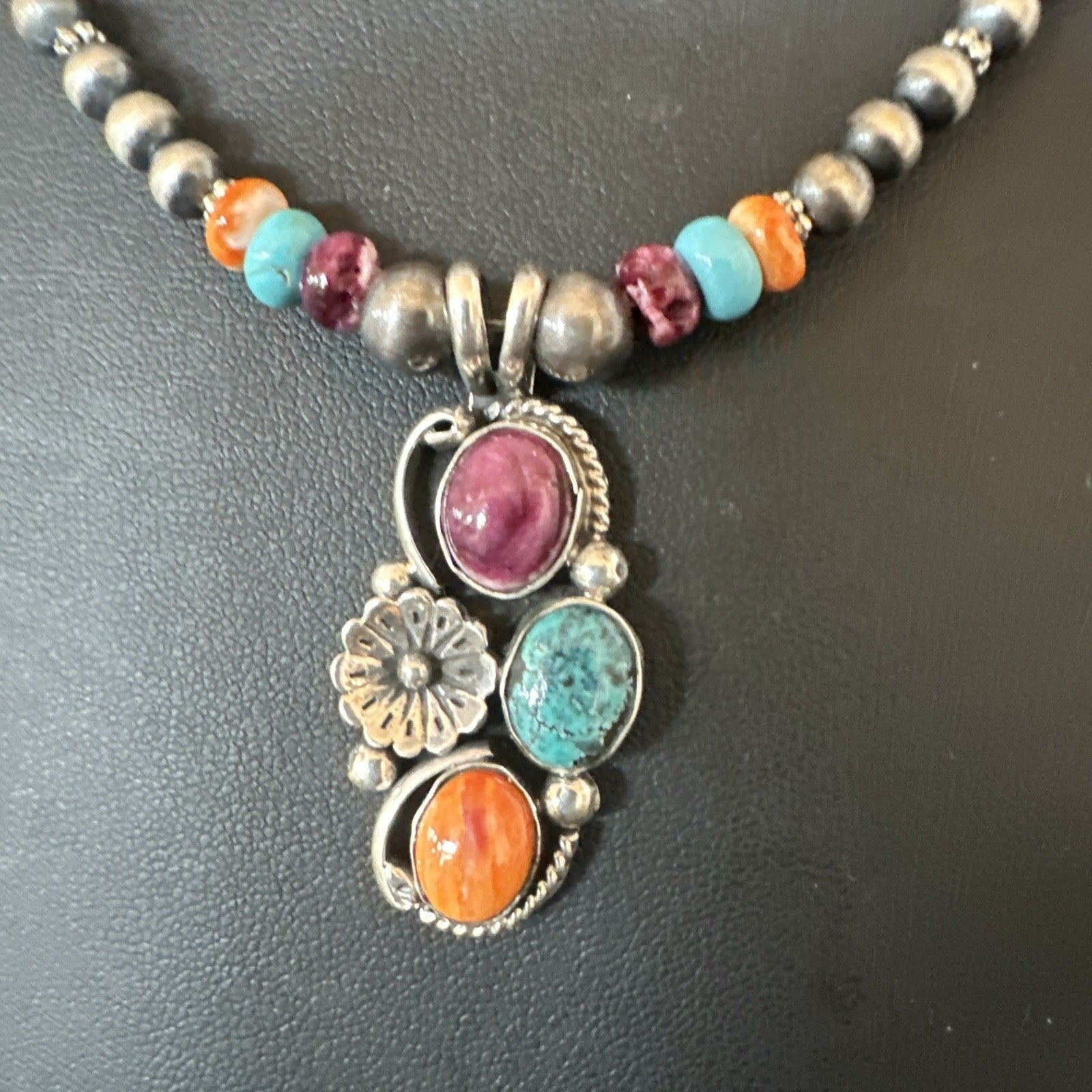 Multicolor Turquoise Spiny Navajo Sterling Silver Cluster Pendant Necklace 19642
