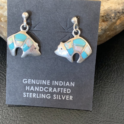 Womens Turquoise White Opal Inlay Navajo Sterling Silver Dangle Earrings 12773